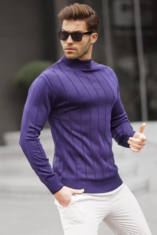 Lacivert Slim Fit Yarım Balıkçı Yaka  Çizgili Tüylenmeyen Erkek Triko Kazak 6344