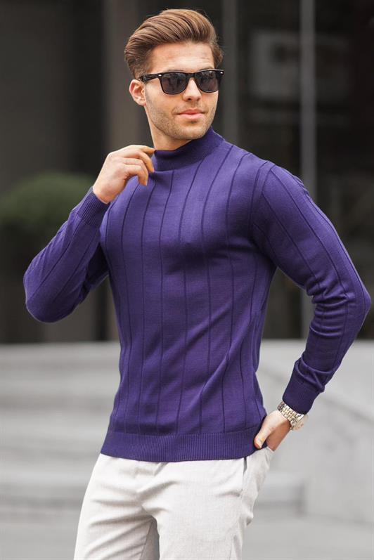 Lacivert Slim Fit Yarım Balıkçı Yaka  Çizgili Tüylenmeyen Erkek Triko Kazak 6344