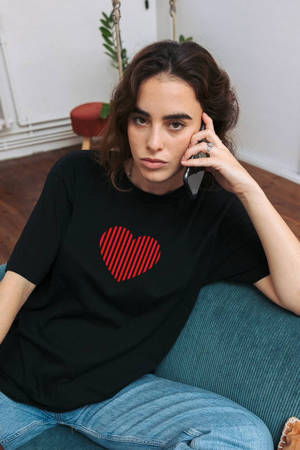 Line Heart Oversize Kadın Tişört