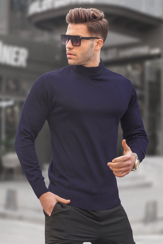 Koyu Lacivert Slim Fit Yarım Balıkçı Yaka Erkek Triko Kazak 6343