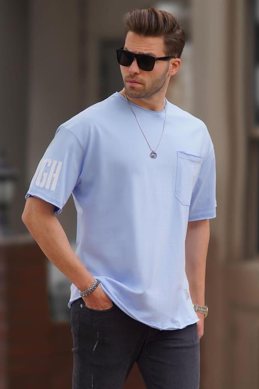 Mavi Cep Detaylı Kolu Baskılı Basic Erkek Tişört 7016