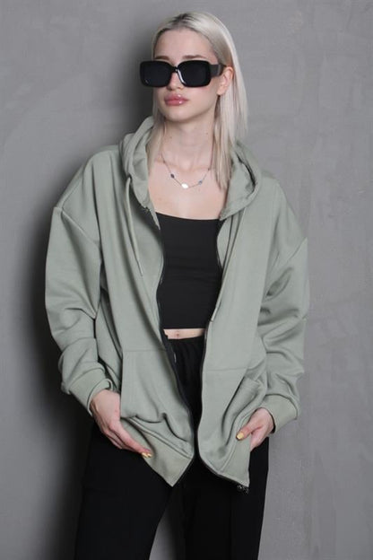 Mint Yeşili Kapüşonlu Basic Kadın Sweatshirt MG1900