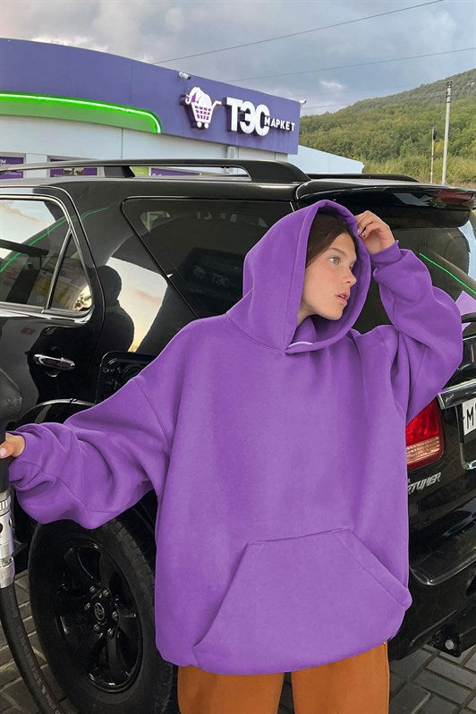 Mor Kapüşonlu Oversize Şardonlu Kadın Sweatshirt MG1566