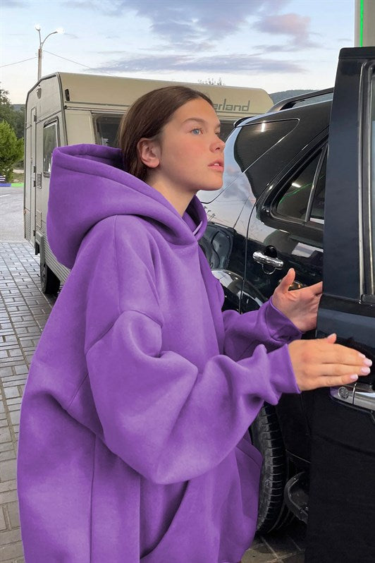 Mor Kapüşonlu Oversize Şardonlu Kadın Sweatshirt MG1566