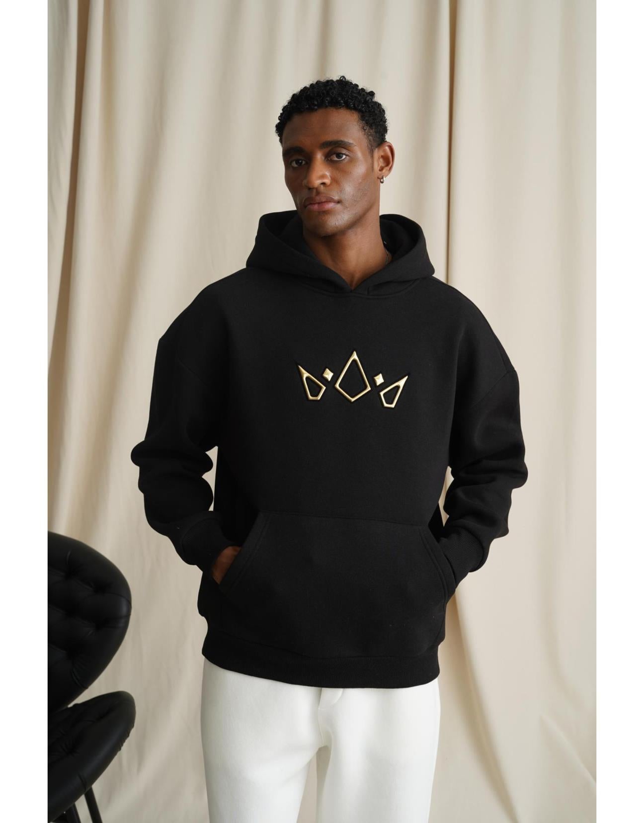 Önü Logo Baskılı Kapuşonlu İçi Şardonlu Ribanalı Oversize Kesim Erkek Sweatshirt