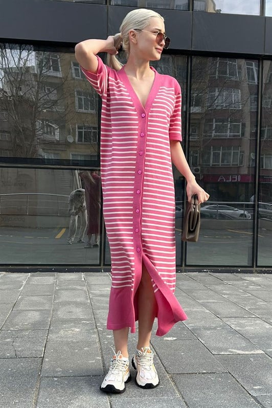 Pembe Düğmeli Triko Kadın Elbise MG1648