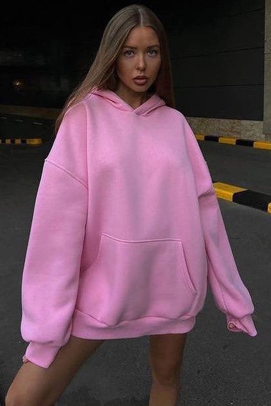 Pembe Kapüşonlu Şardonlu Oversize Sweatshirt MG1566