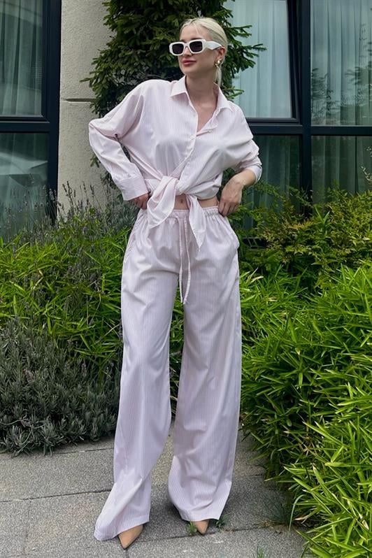 Pembe Uzun Kollu Çizgili Gömlek Pantolon Kadın İkili Takım MG2124