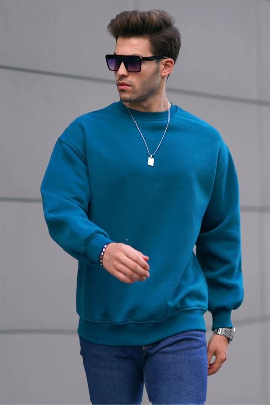 Petrol Mavi Bisiklet Yaka Oversize Şardonlu Basic Erkek Sweatshirt 6048