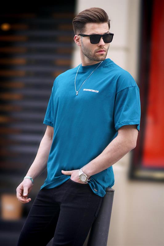 Petrol Mavisi Oversize Baskılı Erkek Tişört 6192