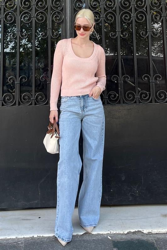 Pudra Bisiklet Yaka Basic Örme Kazak MG2189