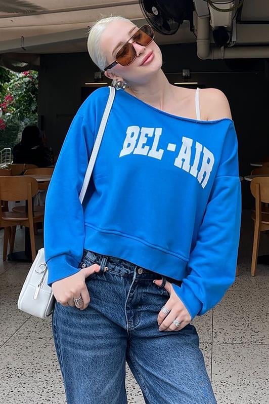 Saks Kayık Yaka Baskılı Kadın Sweatshirt MG2205