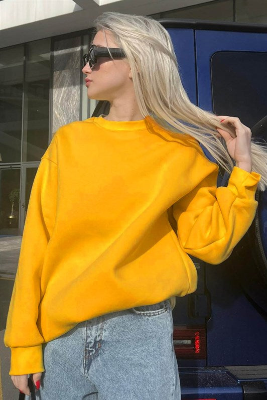 Sarı Bisiklet Yaka Basic Kadın Sweatshirt MG1559