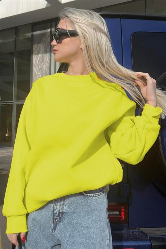 Sarı Bisiklet Yaka Basic Kadın Sweatshirt MG1559
