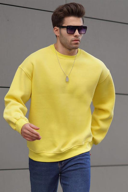 Sarı Bisiklet Yaka Oversize Şardonlu Basic Erkek Sweatshirt 6048