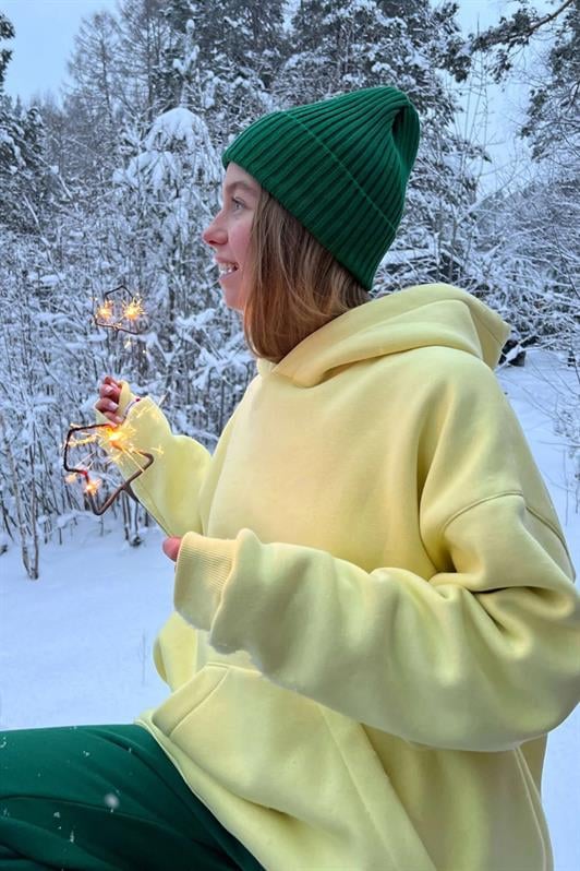 Sarı Kapüşonlu Şardonlu Oversize Kadın Sweatshirt MG1566