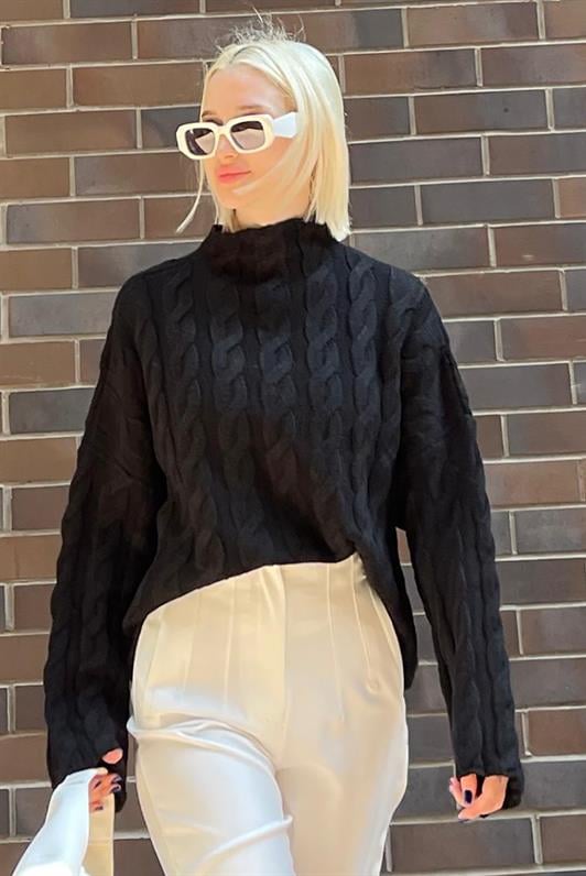 Siyah Balıkçı Yaka Örme Triko Kazak MG2172