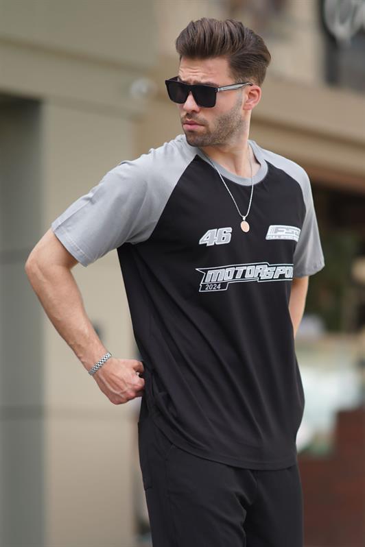 Siyah Baskılı Pamuklu Kısa Kollu Erkek Tişört 7034