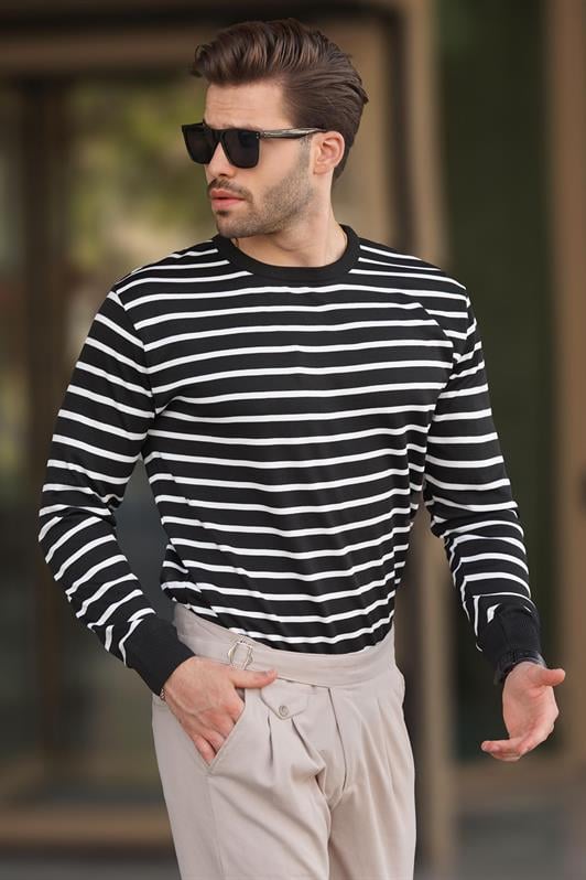 Siyah Bisiklet Yaka Çizgili Erkek Kazak 7241