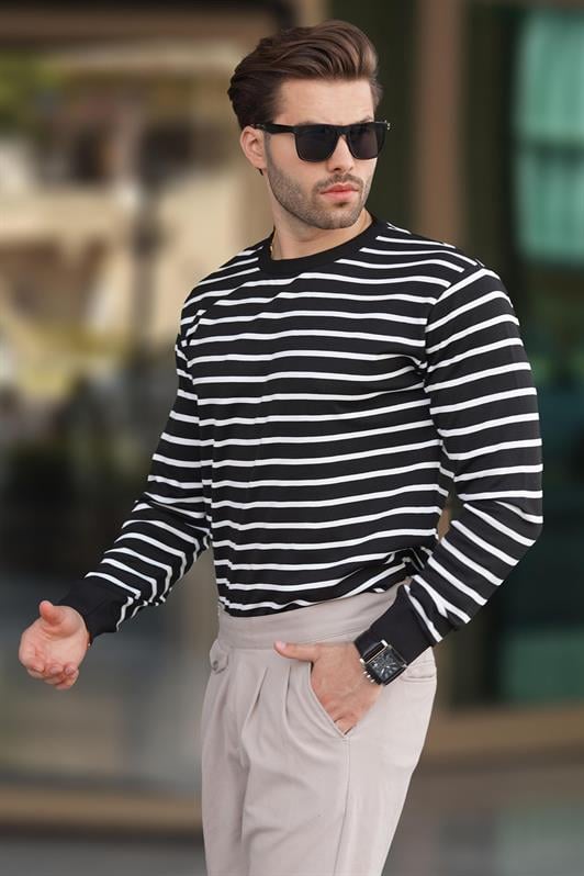 Siyah Bisiklet Yaka Çizgili Erkek Kazak 7241