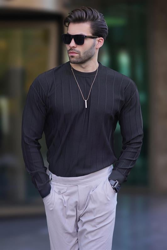 Siyah Erkek Bisiklet Yaka Çizgili Uzun Kollu  Kazak 7244