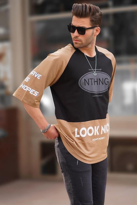 Siyah Bisiklet Yaka Renk Bloklu Baskılı Erkek Tişört 7027