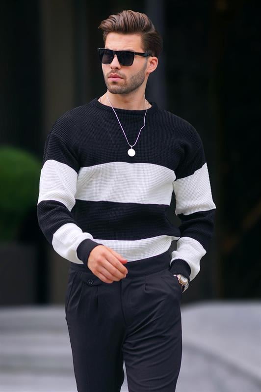 Siyah Erkek Bisiklet Yaka Renk Bloklu Uzun Kollu Örme Kazak 7236