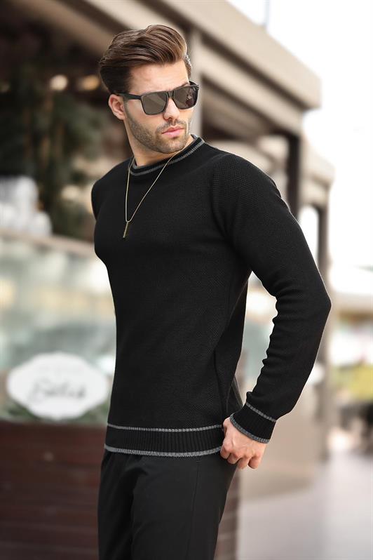 Siyah Erkek Bisiklet Yaka Şerit Detaylı Uzun Kollu Örme Kazak 7245