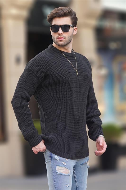 Siyah Erkek Bisiklet Yaka Uzun Kollu Örme Kazak 7246