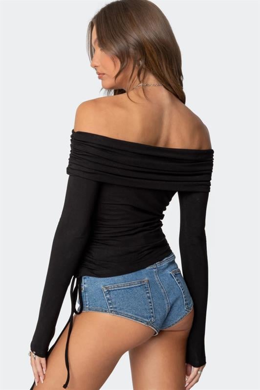 Siyah Büzgülü Kayık Yaka Kadın Bodysuit MG2250