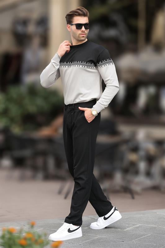 Siyah Desenli İki Renk Bisiklet Yaka Erkek Triko Kazak 7276