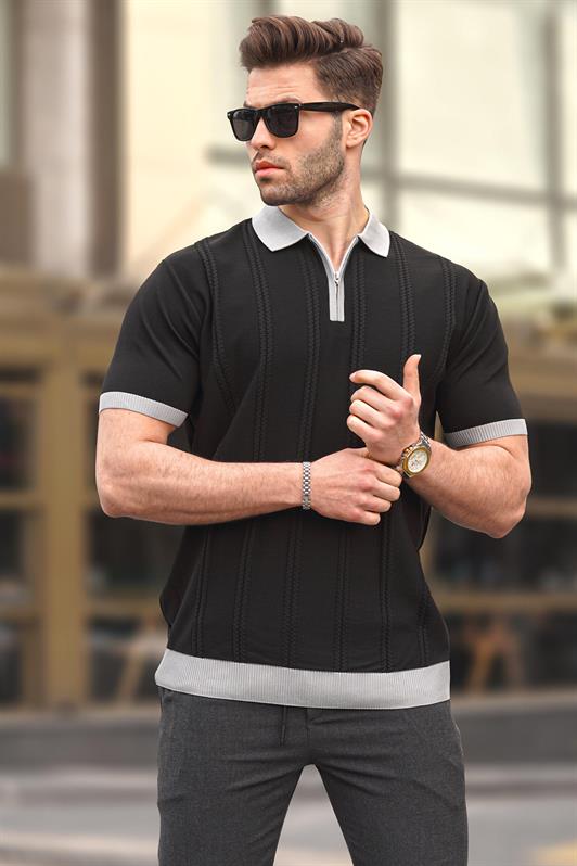 Siyah Fermuar Detaylı Polo Yaka Erkek Tişört 6874