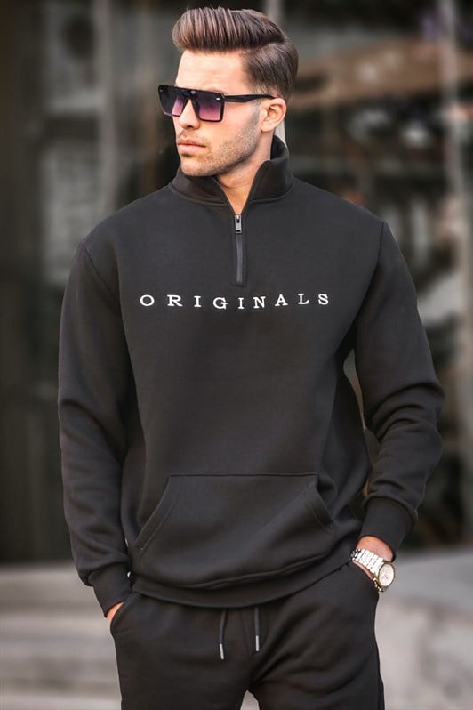 Siyah Fermuar Yaka Nakışlı Erkek Sweatshirt 6028