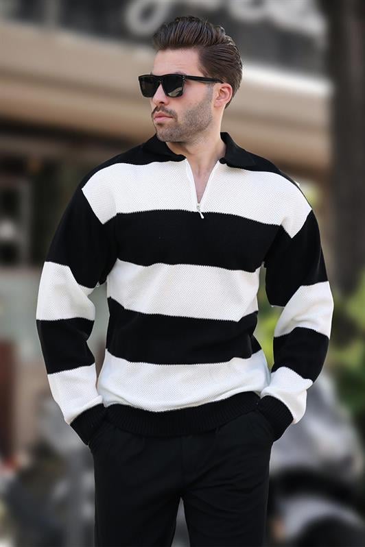 Siyah Fermuar Yaka Renk Bloklu Uzun Kollu Kazak 7280