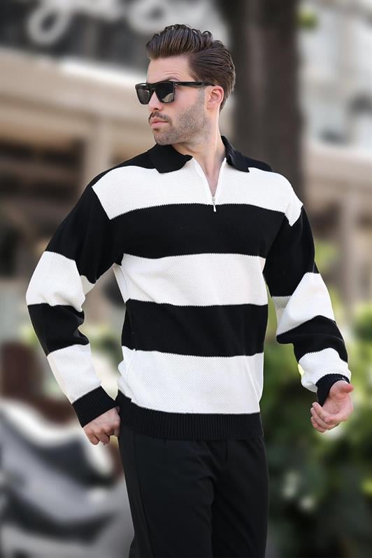 Siyah Fermuar Yaka Renk Bloklu Uzun Kollu Kazak 7280