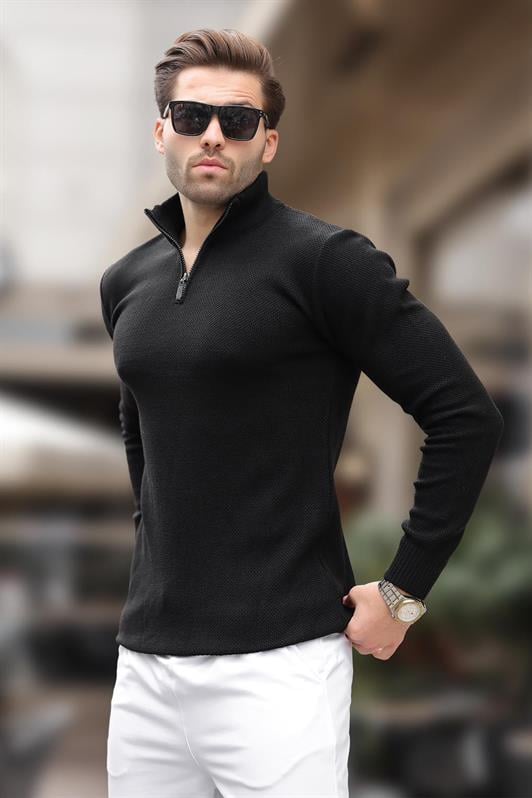 Siyah Fermuar Yaka Uzun Kollu Örme Kazak 7286