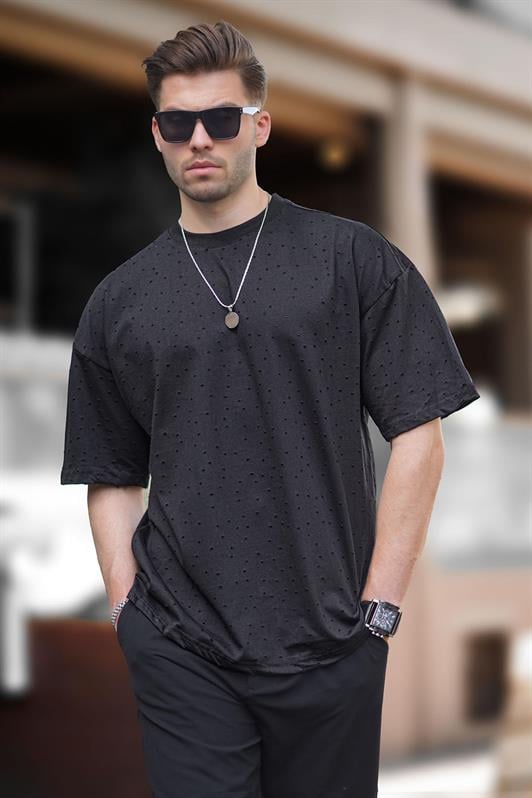 Siyah Oversize Yırtık Deyatlı Pamuklu Erkek Tişört 7032