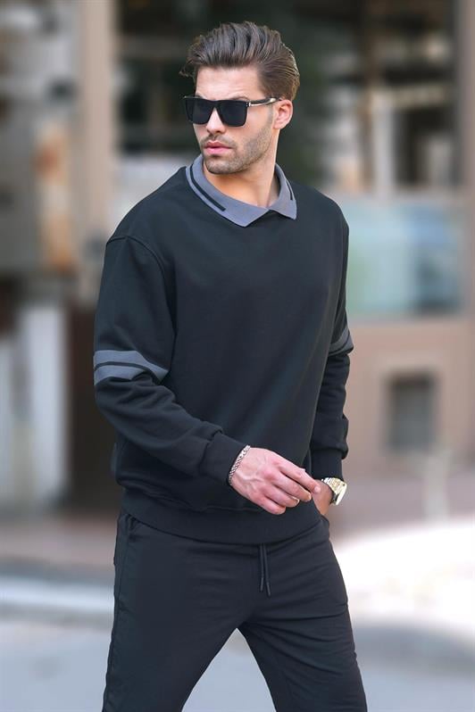 Siyah Polo Yaka Oversize Kolu Şeritli Erkek Sweatshirt 7048