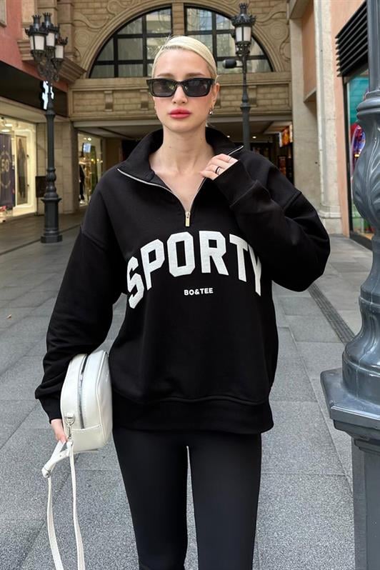 Siyah Yarım Fermuarlı Baskılı Sweatshirt MG2212