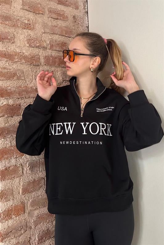 Siyah Yarım Fermuarlı Baskılı Sweatshirt MG2240