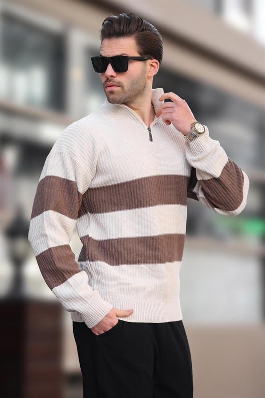 Taş Rengi Fermuar Yaka Çizgili Erkek Kazak E7272