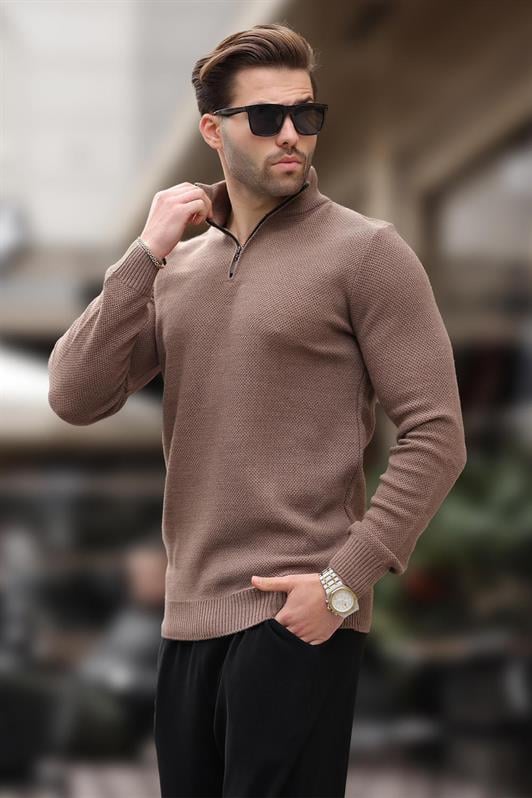 Vizon Fermuar Yaka Uzun Kollu Örme Kazak 7286