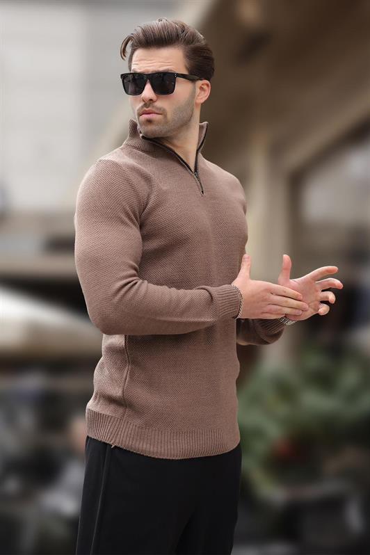 Vizon Fermuar Yaka Uzun Kollu Örme Kazak 7286