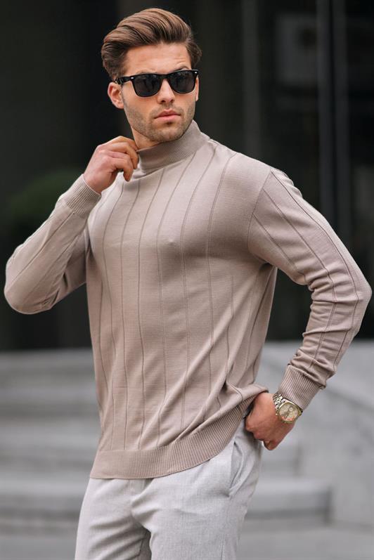 Vizon Slim Fit Yarım Balıkçı Yaka Çizgili Tüylenmeyen Erkek Triko Kazak 6344