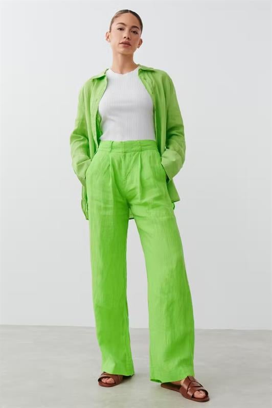 Yeşil Kemerli Bol Paça Kadın Pantolon MG2021