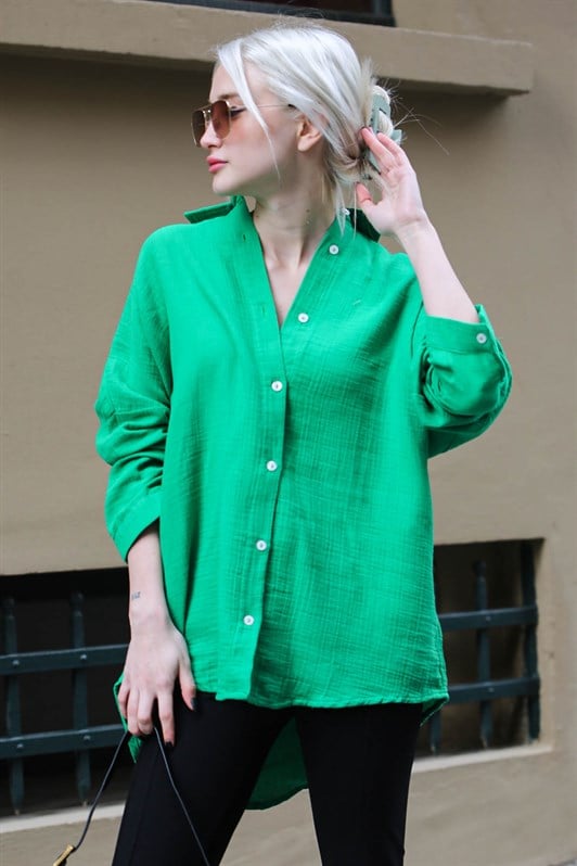 Yeşil Muslin Kumaş Basic Kadın Gömlek MG1660