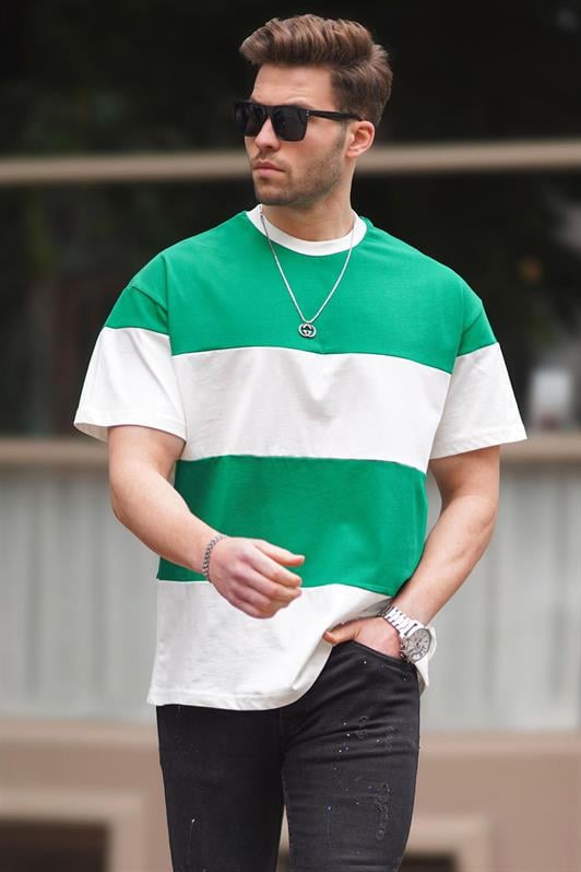 Yeşil Oversize Renk Bloklu Bisiklet Yaka Erkek Tişört 7020
