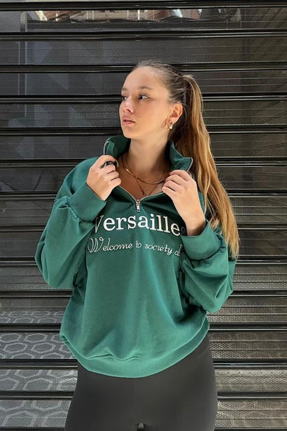 Yeşil Yarım Fermuarlı Baskılı Sweatshirt MG2240