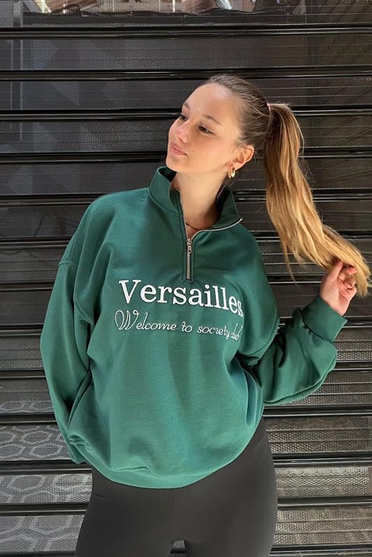 Yeşil Yarım Fermuarlı Baskılı Sweatshirt MG2240