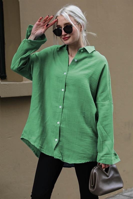 Yosun Yeşili Muslin Kumaş Basic Kadın Gömlek MG1660
